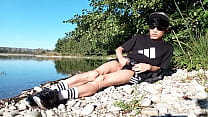 best jon arteen wanks outdoor on a pebbles beach the sexy twink wearing short shorts cums on his thigh and cumplay best
